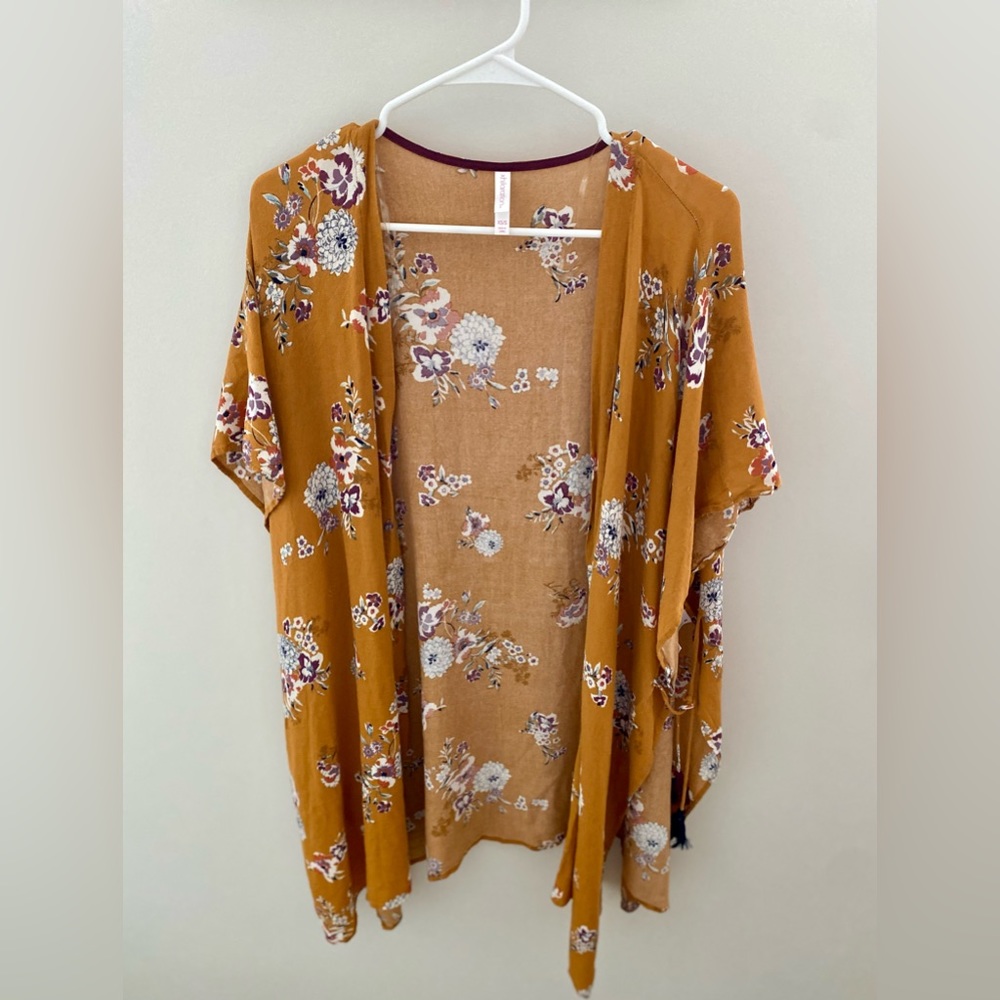 Xhiliration OS Mustard Tassel Tie Kimono